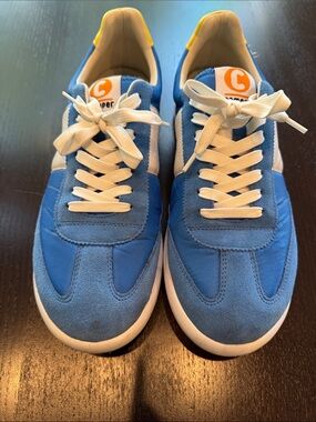 Camper Blue and White Low-Profile Sneakers with Yellow Heel